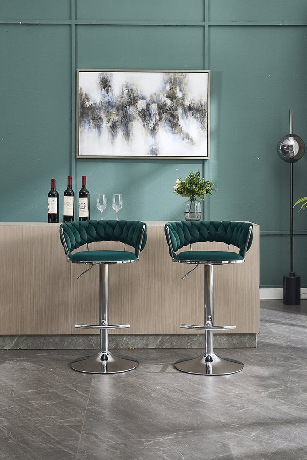 English Elm Set of 2 Velvet Bar Stools with Chrome Base Swivel Height Adjustment Plush Cushion Modern Comfort Green W1249P247739