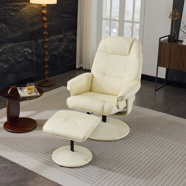English Elm 011-Massage Recliner Chair with Ottoman, 360° Swivel PU Leather, 5-Point Vibration Massage, Heated Seat, 140° Backrest Comfort Beige W2636P262427