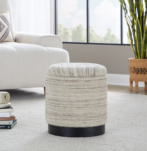 English Elm 18" Handwoven Wool Storage Ottoman with Black Metal Base for Modern Living Rooms B202P471517
