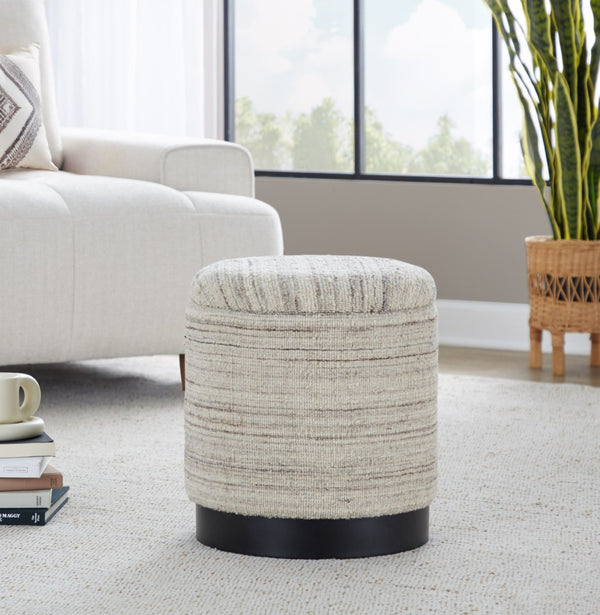 English Elm 18" Handwoven Wool Storage Ottoman with Black Metal Base for Modern Living Rooms B202P471517