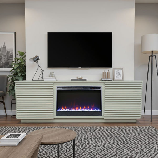 English Elm 73 Inch Fireplace TV Stand Sandstone Finish with 26" Electric Insert, Storage, Remote, Fits 85" TVs and Cable Management B108P255363