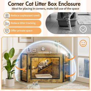 English Elm 48" Corner Mdf Cat Litter Enclosure Cabinet with Led Acrylic Door and Play Loft Tiger N704P402446D