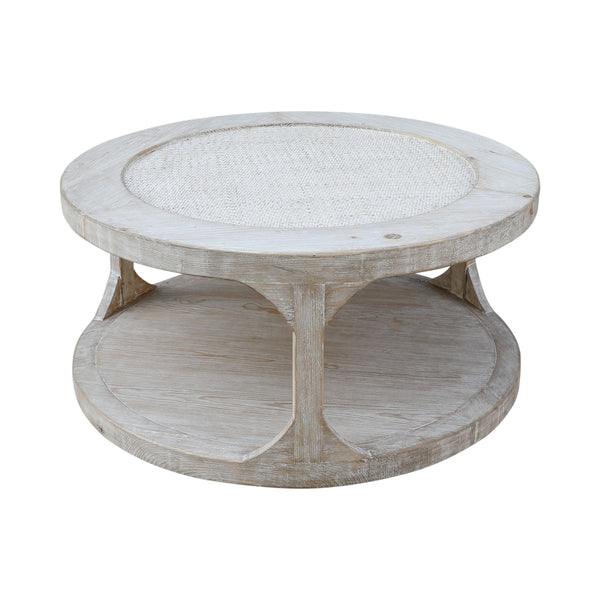 Lilys Milo Round Coffee Table With Rattan Top Weathered Whitewash 35X35 9117