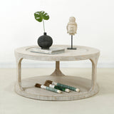 Milo Round Coffee Table With Rattan Top Weathered Whitewash 35X35