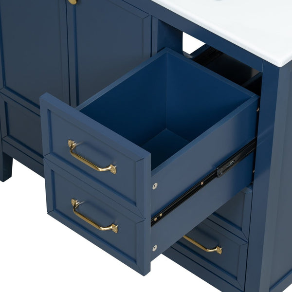 English Elm 36" Solid Pine Bathroom Vanity with Ceramic Sink 4 Soft Close Drawers Vintage Style Blue N759S293646C