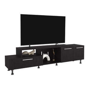 English Elm Tv Stand with Three Open Shelves for Media Storage and Decor, Slim Profile, Eco-Friendly Engineered Wood Black 52.76 L x 18.9 W x 5.91 H B097P296844