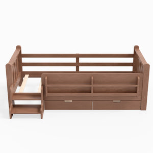 English Elm Twin Pine Floor Bed with Guardrails Built-in Bookcases and Stair Steps for Kids Natural W1580P430200