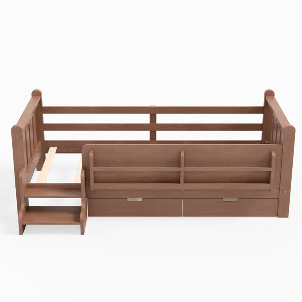 English Elm Twin Pine Floor Bed with Guardrails Built-in Bookcases and Stair Steps for Kids Natural W1580P430200