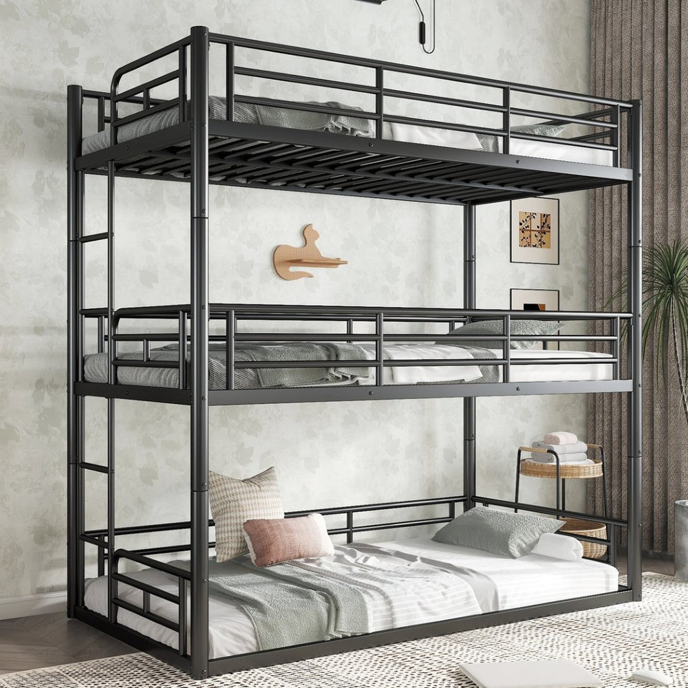 English Elm Twin Triple Metal Bunk Bed Matte Powder Coated Frame with Full Safety Guardrails Black W1580S00578