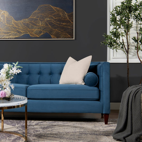 English Elm Jennifer Taylor Home - Jack 84" Modern Tuxedo Tufted Sofa in Plush Velvet with Shelter Arms, Reversible Cushions, Pillows Blue B2719P238406