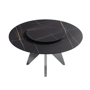 English Elm 59.05" Round Marble Dining Table With Silver Stainless Steel Base, Lazy Susan For 6-8 Guests, Elegant Design W1535S00392