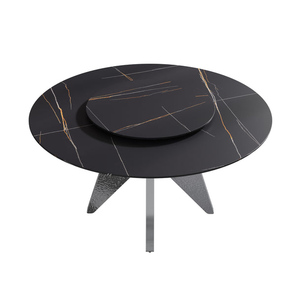 English Elm 59.05" Round Marble Dining Table With Silver Stainless Steel Base, Lazy Susan For 6-8 Guests, Elegant Design W1535S00392