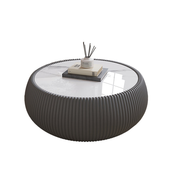 English Elm Light Marble Top Drum-Shaped Leather Coffee Table – Modern Elegance For Living Room And More! W3081P367628