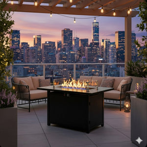 English Elm 43 Inch Faux Rattan Propane Fire Pit Table 50000 Btu with Glass Shield Lava Rock B082P454992