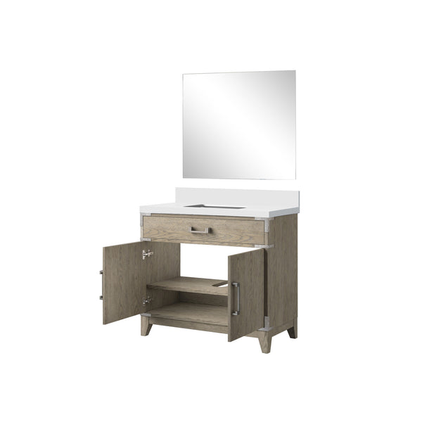 English Elm Grey Oak Single Sink Vanity Set With White Quartz Countertop & 34" Mirror - Modern Bathroom Elegance B2731S01463