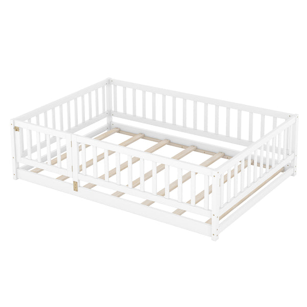 English Elm Full Size Pine Montessori Floor Bed with Fence & Removable Door, Sturdy Kids Bed White Playhouse W1820P349301