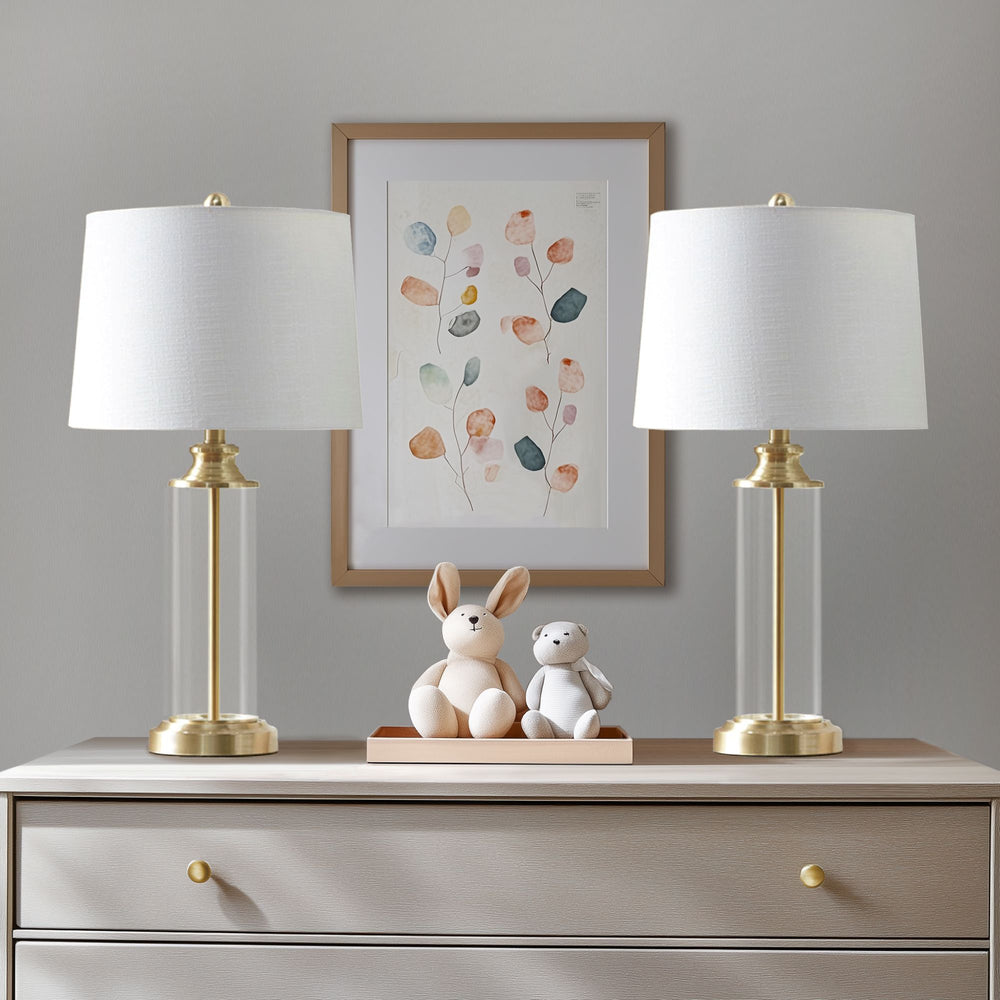 JLA Home 510 Design - Glass cylinder table lamps set of 2 with clear glass bases, metal accents, off-white shades, 9W LEDs, 2-year warranty 5DS153-1157