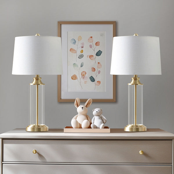 JLA Home 510 Design - Glass cylinder table lamps set of 2 with clear glass bases, metal accents, off-white shades, 9W LEDs, 2-year warranty 5DS153-1157