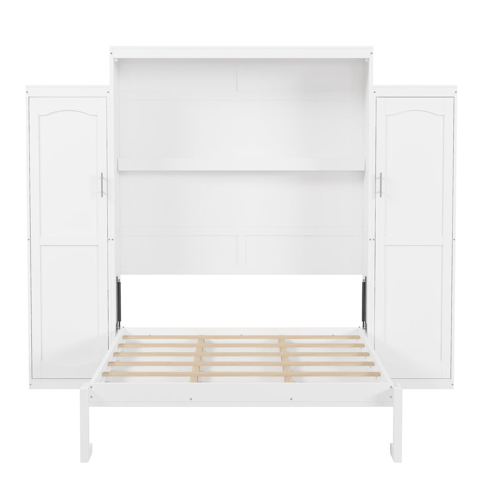 English Elm Queen Murphy Bed with 2 Wardrobes & Foldable Platform, Space-Saving White Queen Bedframe 650lbs N733S339767K
