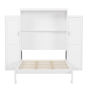 English Elm Queen Murphy Bed with 2 Wardrobes & Foldable Platform, Space-Saving White Queen Bedframe 650lbs N733S339767K