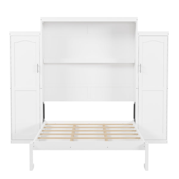 English Elm Queen Murphy Bed with 2 Wardrobes & Foldable Platform, Space-Saving White Queen Bedframe 650lbs N733S339767K