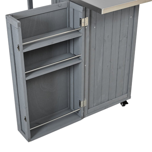 English Elm Foldable Outdoor Kitchen Cart with Stainless Worktop Fir Wood Frame and Lockable Wheels Grey N719P380278E
