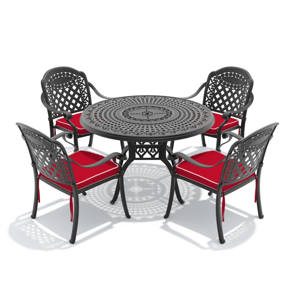 English Elm 5-piece Cast Aluminum Outdoor Dining Set with Carved Relief Frame and Cushioned Seats W1710S00637