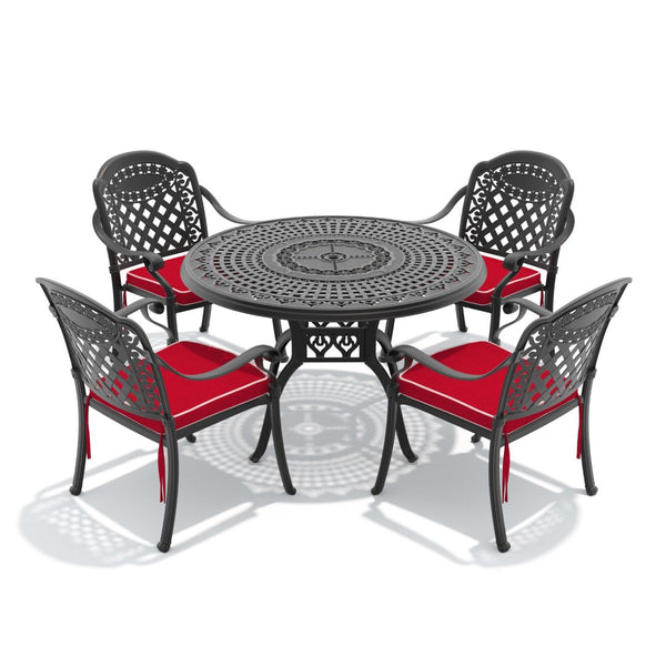 English Elm 5-piece Cast Aluminum Outdoor Dining Set with Carved Relief Frame and Cushioned Seats W1710S00637