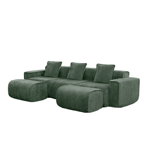 English Elm Streamlined Velvet U-shape Modular Sectional Sofa with Ottomans French Piping Cloud Foam Green W3041S00367