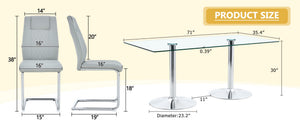 English Elm Table and Chair Set Tempered Glass Top Seats Eight with Pu Leather Dining Chairs Light Gray,Silver,Transparent W1151S04553