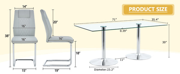 English Elm Table and Chair Set Tempered Glass Top Seats Eight with Pu Leather Dining Chairs Light Gray,Silver,Transparent W1151S04553