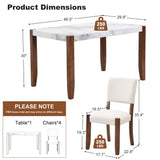 English Elm 5-Piece Modern Dining Furniture Set, 4-Person Space-Saving Dinette For Kitchen, 46" Faux Marble Style Table and 4 Upholstered Chairs With Solid Rubberwood Legs