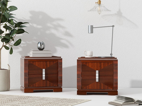 English Elm Mid-century Modern Nightstand with Diamond Geometric Drawers and Heavy Duty Wood Base Dark Brown N761P324094N