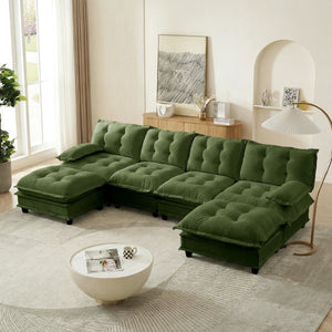 English Elm 138" U-shaped Chenille Cloud Sectional with Ottomans Deep Seat Modular Living Room Sofa Green W714S01733
