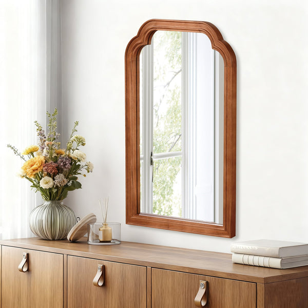 English Elm Yellowish Solid Wood Frame Rounded Corner Mirror 20"x30" Rustic Yellow Brown Tempered Glass Vanity Decor W2203P389095