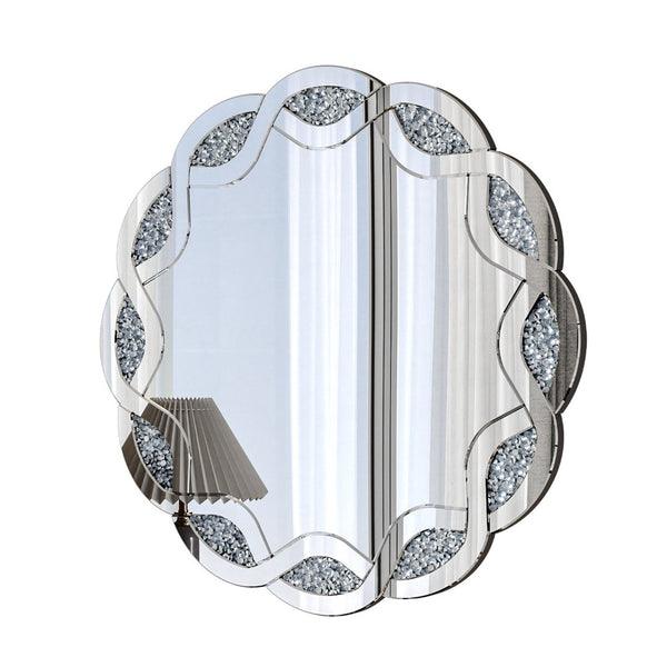 English Elm Silver Wave Frame Round Wall Mirror with Diamond Beveled Facets for Glam Home Decor W1445P370440