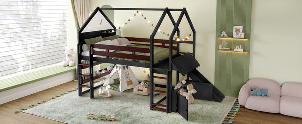 English Elm Full Size Pine Loft Bed House Frame with Slide Bookshelves and Moon Star Rails W1580S00314
