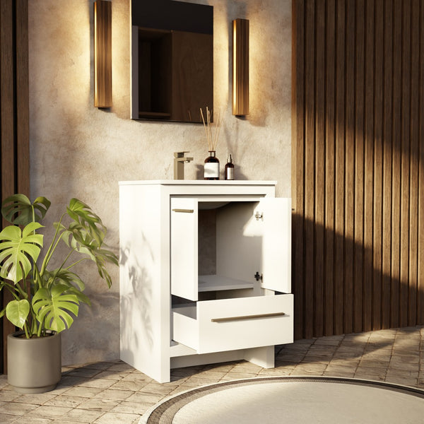 English Elm White Single Bath Vanity 24x20 with White Quartz Counter, Gun Metal Faucet & 18x24 Mirror, Durable Finish B2731S02037
