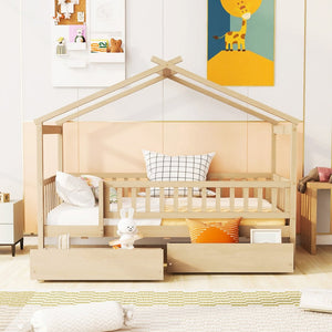 English Elm Twin House Bed Pine Wood Frame with Storage Drawers Kids Bedroom Playful Design Natural WF302181AAN