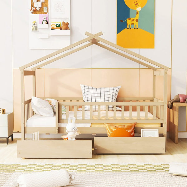 English Elm Twin House Bed Pine Wood Frame with Storage Drawers Kids Bedroom Playful Design Natural WF302181AAN