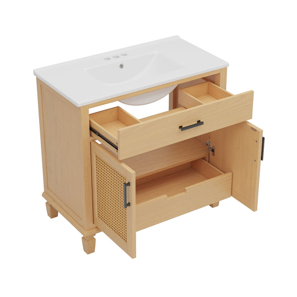 English Elm Christopher Knight Home® - 36" Rattan Bathroom Vanity with Ceramic Sink and Soft-Close Drawers, Handwoven Door Texture, Solid Wood Legs, Spacious Storage Elegance Natural N817P271077N
