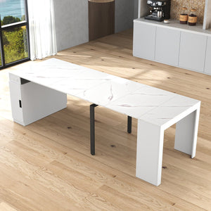 English Elm Modern Extendable Dining Table with Built-In Outlet, USB Ports & Storage, Space-Saving Console to 118" White W331S00193