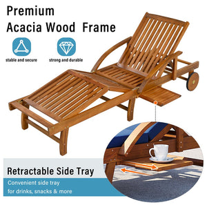 English Elm U_style Acacia Wood Outdoor Chaise Lounger with Reclining Backrest Cushions and Side Tray Navy Blue N711P415859C