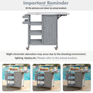 English Elm Foldable Outdoor Kitchen Cart with Stainless Worktop Fir Wood Frame and Lockable Wheels Grey N719P380281K
