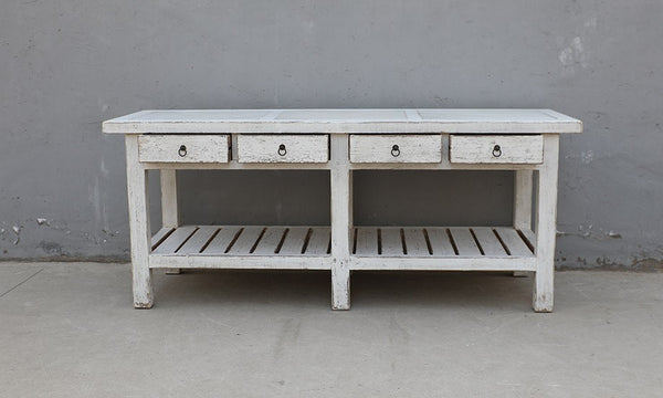 Lilys Amalfi Four Drawers Marble Top Console Distressed White 83X20X35H 9122-W