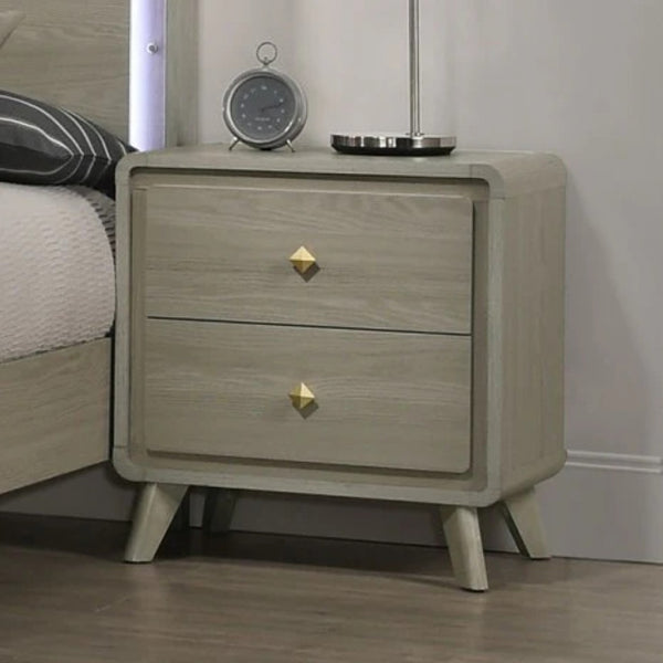 English Elm Contemporary Two Drawer Nightstand Gray Finish Tapered Legs Gold Pulls Bedroom Storage B2741P431077