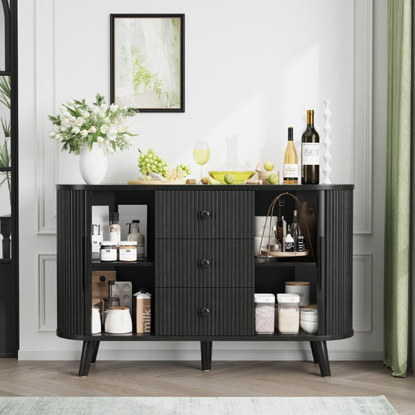 English Elm Sideboard Fluted Credenza with Three Drawers Two Doors Matte Black Modern Storage Black T3773P417309