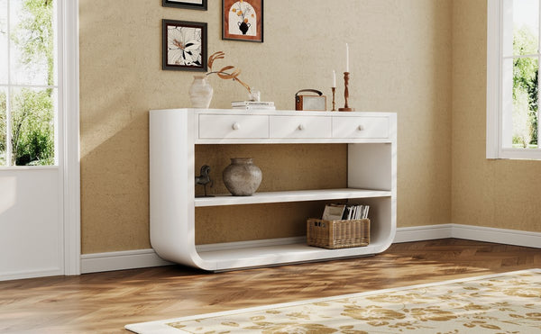 English Elm [video] Sculptural Console Table Pine Wood Curved Legs Soft-close Drawers Open Shelving Entryway White N759P433560K