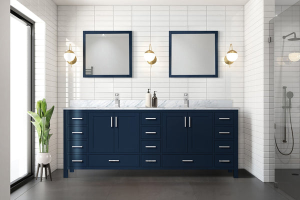 English Elm Navy Double Bath Vanity 84" W x 22" D with Two 34" Mirrors, 14 Drawers, Ample Wood Storage, Ready B2731S00566