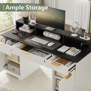 English Elm Executive Home Office Desk with Power Outlets Monitor Stand and File Storage T3773P417164